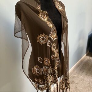 Sheer Organza Brown Shawl Scarf Wrap Sequins Beaded Fringe Roaring 20’s Style